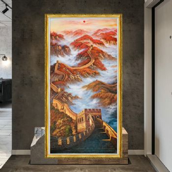 寓意步步高升精品油画原创手绘风景画万里长城中式油画实木画框