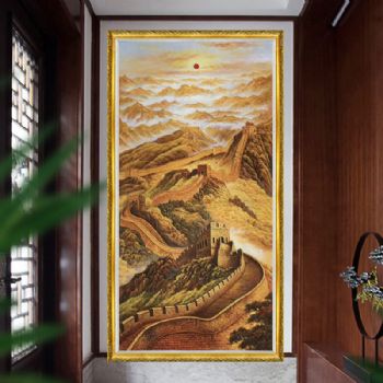 中式油画原创手绘风景画寓意步步高升万里长城大型油画实木画框