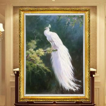 孔雀立枝头寓意孔雀变凤凰一飞冲天纯手绘油画白孔雀油画