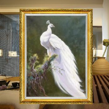 孔雀立枝头高贵的孔雀图纯手绘油画白孔雀油画寓意孔雀变凤凰