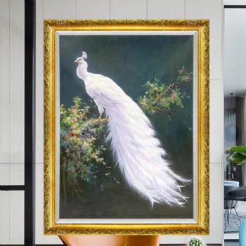 高贵孔雀立枝头寓意富贵吉祥一飞冲天纯手绘油画白孔雀油画动物油画