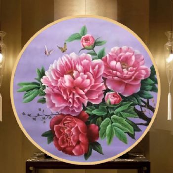 新中式牡丹油画蝶恋花纯手绘油画寓意大富大贵实木圆形外框