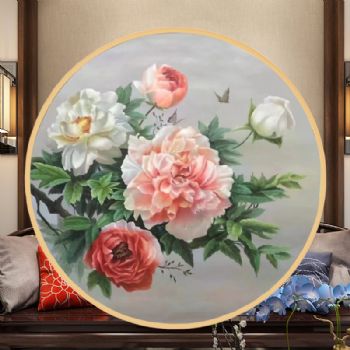 高品质花卉油画新中式牡丹油画蝶恋花纯手绘油画实木圆形外框