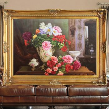纯手绘欧式花卉油画高档别墅客厅挂画实木角花框