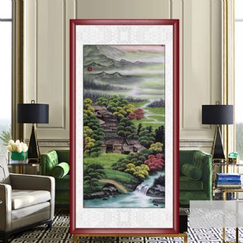 纯手绘工笔国画精品山水田园国画四尺青绿色风景画适合走廊挂画