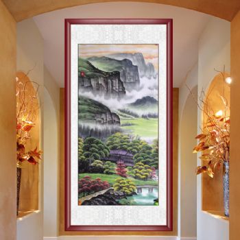 新中式风水国画纯手绘工笔国画精品山水画四尺青绿色风景画