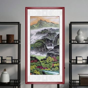 山水国画四尺纯手绘国画工笔国画青绿色为主风景画适合客厅挂画实木画框