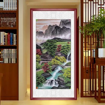 山水田园国画四尺纯手绘工笔国画青绿色风景画适合客厅挂画实木画框