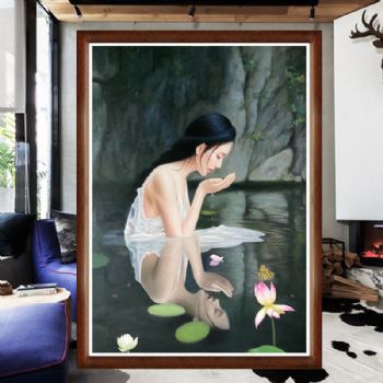 出水芙蓉纯手绘人物油画客厅卧室实木框精品油画艺术美女人物油画