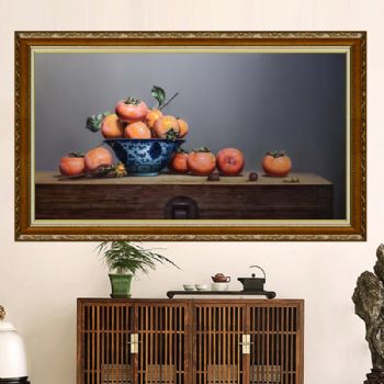 新中式柿柿如意超写实静物油画柿子纯手绘精品油画实木画框适合客厅卧室的油画