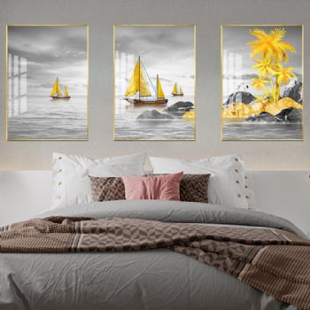 新中式三联画一帆风顺黄金岛高档轻奢晶瓷画铝合金框客厅样板房装饰画