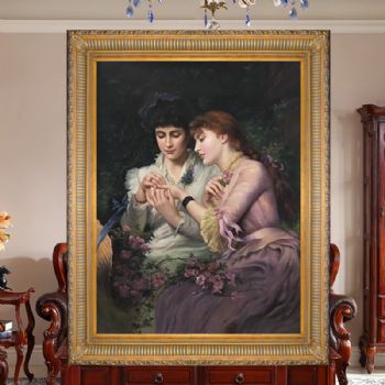 两个好朋友纯手绘欧式古典欧美人物画古典实木画框卧室油画客厅古典人物油画