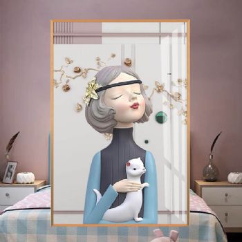 怀抱白色猫咪的女孩高清微喷晶瓷画艺术装饰画儿童房挂画