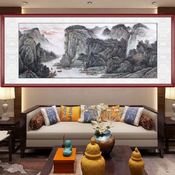 纯手绘精品水墨国画山水画小六尺国画风水国画实木画框山水国画