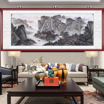 大厅中式纯手绘水墨国画山水画小六尺国画黑白素色实木画框水墨画