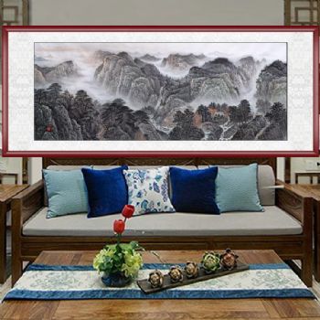 新中式纯手绘水墨画山里有人家小六尺国画黑白素色实木画框水墨画