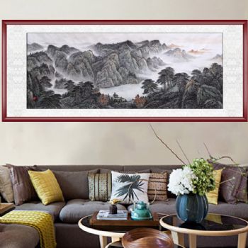 大厅背景墙水墨画中式纯手绘水墨国画山水画小六尺国画实木画框水墨画