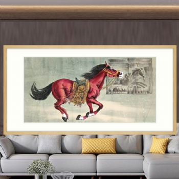 枣红富贵马手绘国画卡纸画芯现代简约风格画框纯手绘动物国画原木画框