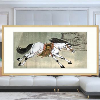 卡纸画芯现代简约风格画框千里马常有伯乐不常有纯手绘动物国画原木画框