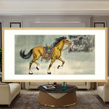手绘富贵马卡纸画芯现代简约风格画框纯手绘动物国画原木画框