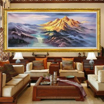 纯手绘油画风景画背靠金山中式风水油画客厅大厅风景油画实木画框