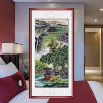 工笔青绿色为主风景画山水国画四尺纯手绘国画适合客厅挂画实木画框