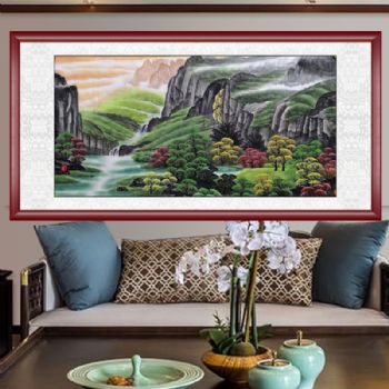 四尺纯手绘国画工笔画青绿色为主山水国画适合客厅挂画实木画框