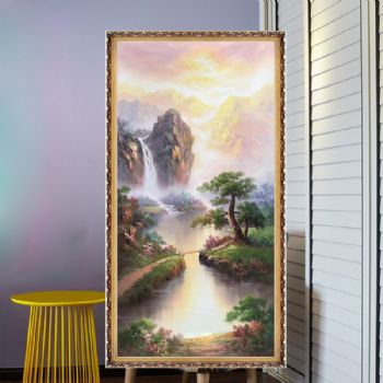 新中式纯手绘山水画油画风景画静静的山水风景让人平静