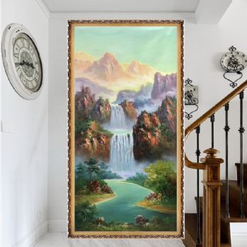 高品质新中式纯手绘山水画油画风景画静静的山水风景让人平静实木画框