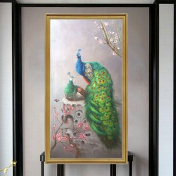 纯手绘手工 双孔雀 高贵 孔雀寓义荣华富贵 中式油画 家庭挂画