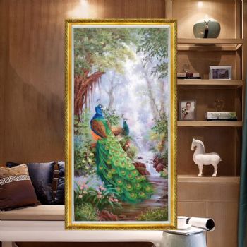 纯手绘手工 双孔雀 高贵 聪明 自由 中式油画 家庭挂画C