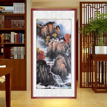 新中式山水画纯手绘彩墨四尺中式山水画工笔国画实木画框