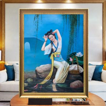 西施在河边浣纱中国古代四大美女纯手绘油画写实人物油画