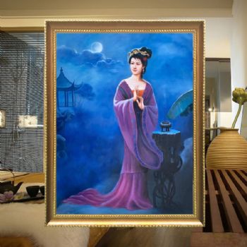 貂蝉拜月云彩遮月久久不去中国古代四大美女纯手绘油画写实人物油画