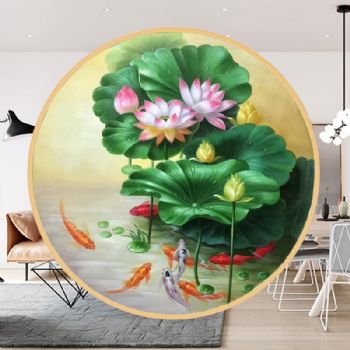 九鱼图新中式荷花纯手绘花卉油画寓意年年有余和谐美满实木圆形外框