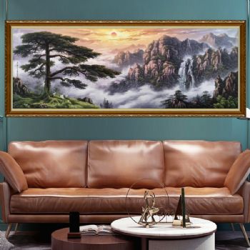 迎客松仙鹤图手绘油画实力派画家风景油画 刀画 山水油画 旭日东升 新中式挂画适合办公室大厅的风景油画