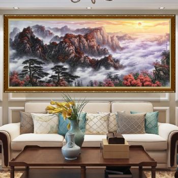 鸿运当头迎客松山川风景油画手绘油画实力派画家刀画 山水油画 旭日东升 新中式挂画