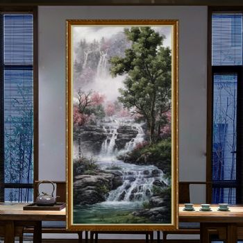 竖幅风景油画实力派画家纯手绘新中式山水画风景油画山川风景油画中式风水油画