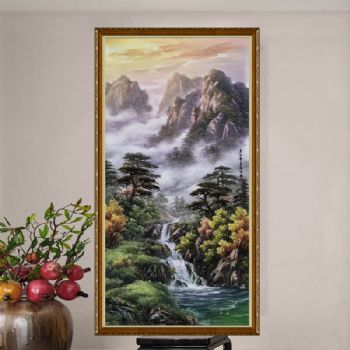 中式风水油画竖幅风景油画实力派画家纯手绘新中式山水画风景油画山川风景油画
