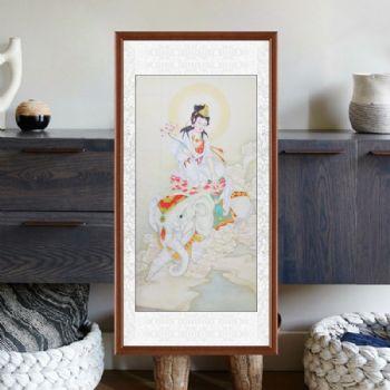 骑白象菩萨纯手绘工笔国画神佛人物国画适合中堂的水墨画吉祥如意