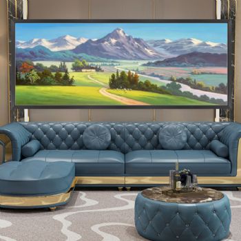 山村风景油画现代简约艺术油画纯手绘山水画清新淡雅风格实木画框