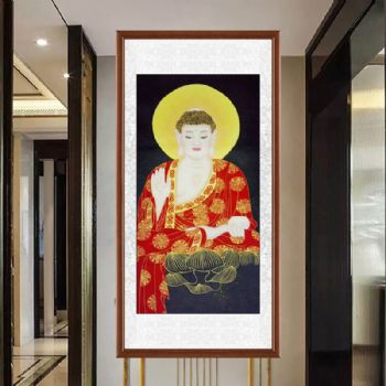 纯手绘工笔国画大雄宝殿如来佛人物国画适合中堂的水墨画