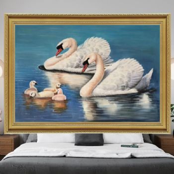 天鹅一家亲图纯手绘动物油画写实油画适合客厅卧室床头挂画