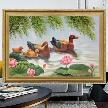 鸳鸯一家亲图纯手绘动物油画写实油画家庭和睦适合客厅卧室床头挂画