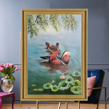 竖幅鸳鸯戏水图纯手绘动物油画写实油画家庭和睦的寓意中式油画