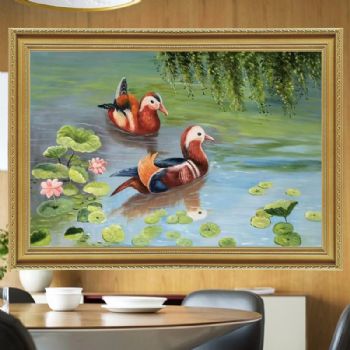 纯手绘动物油画新中式夫妻恩爱鸳鸯图写实油画家庭和睦的寓意