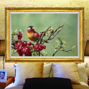 新中式纯手绘动物油画作品喜上枝头写实风景油画