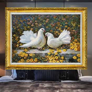 经典动物写实油画和平鸽手绘油画寓意和和美美床头挂画
