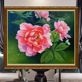 写实手绘牡丹花油画红牡丹花开富贵新中式客厅油画