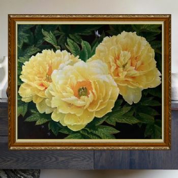 高品质花卉油画纯手绘精品牡丹花花开富贵黄牡丹油画